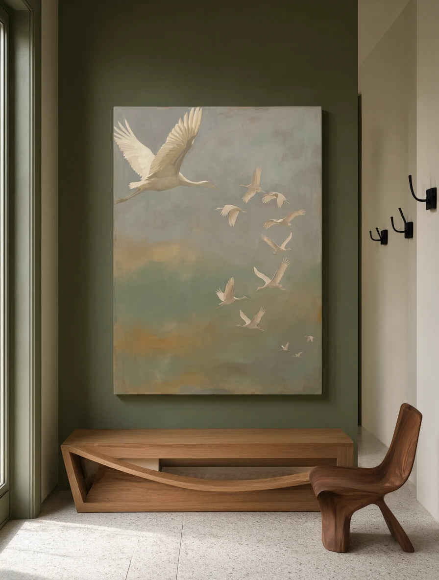 Canvas Print Flying Cranes in Mist | Japanese-Inspired Bird Wall Art