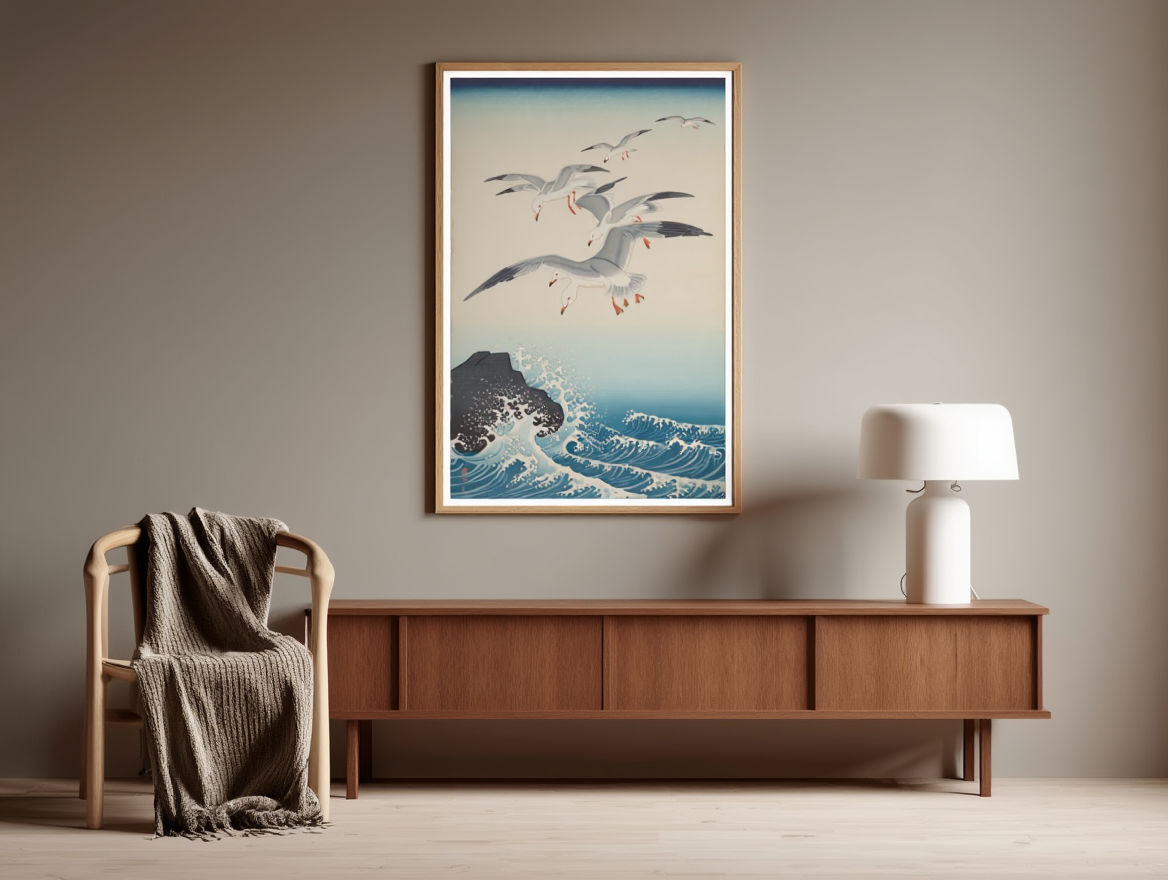 Ohara Koson – Five Seagulls Above Turbulent Sea | Japanese Bird & Nature Art Print | Ukiyo-e Coastal Wall Art