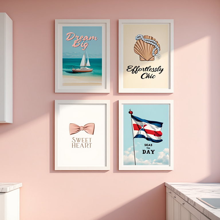 Trendy Preppy Coquette – Kitchen Wall Art Set of 4