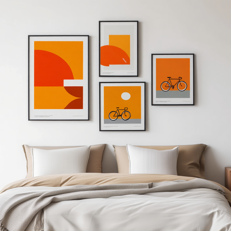 Abstract Orange Bauhaus Bicycle – Living Room Set of 4 Prints