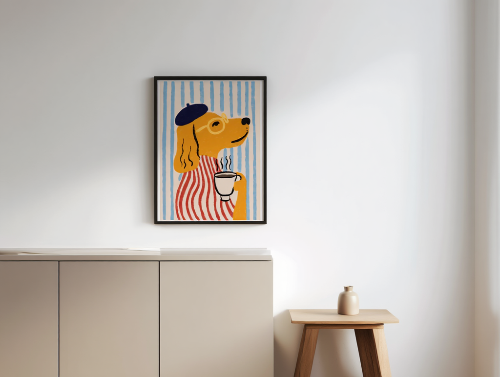 French Golden Retriever – Dog Holding Coffee Print