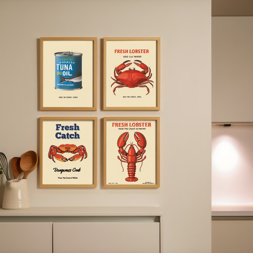 4 Retro Seafood Posters – Vintage Fish Can Wall Art Prints