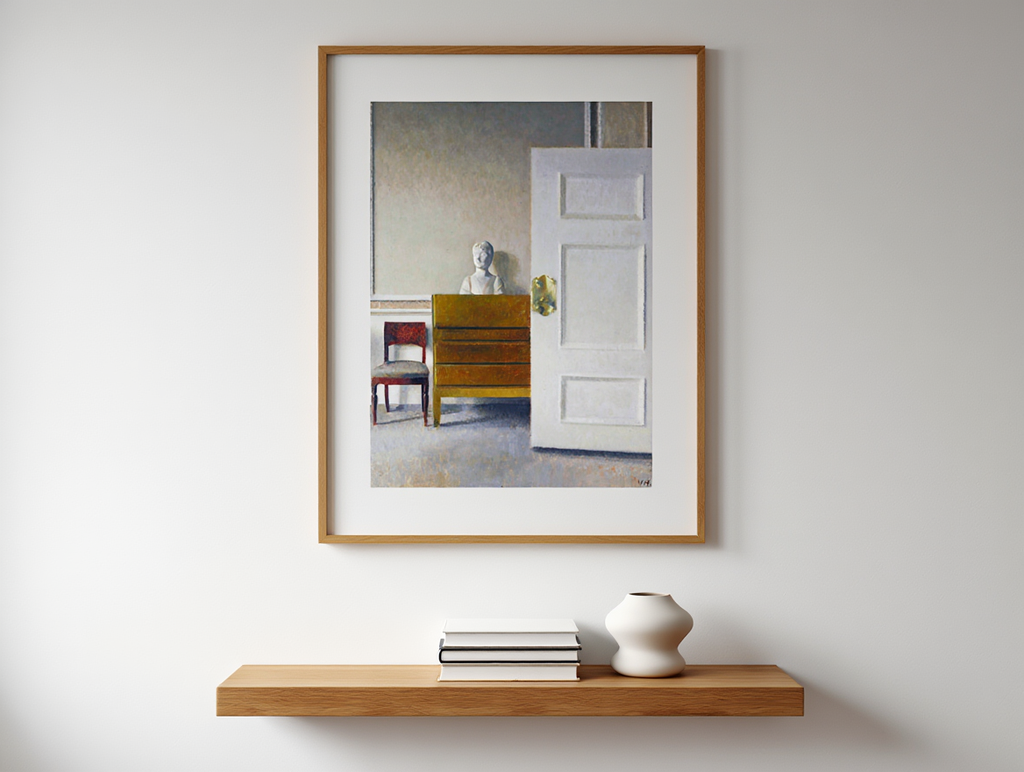 Interior with a Bust – Minimalist Interior Art Print by Vilhelm Hammershøi