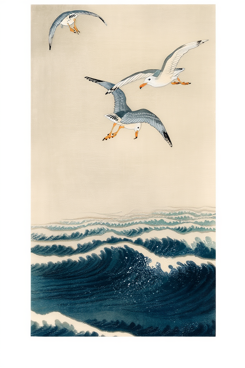 Seagulls Over the Waves – Ohara Koson Poster | Japanese Nature Art Print