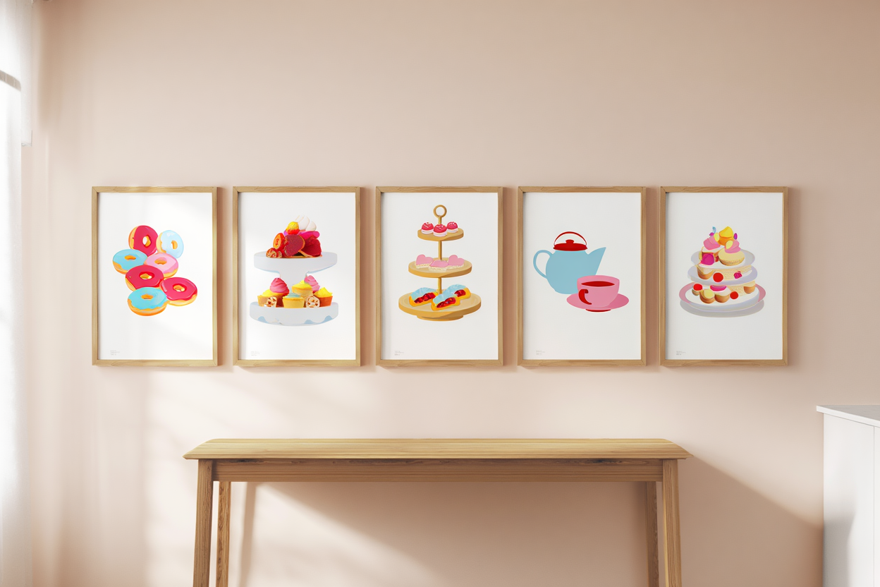 5 Colorful Afternoon Tea Party Prints – Red, Pink & Pastel Blue Nordic Picnic & Dessert Wall Art for Kitchen, Dining & Living Room Decor