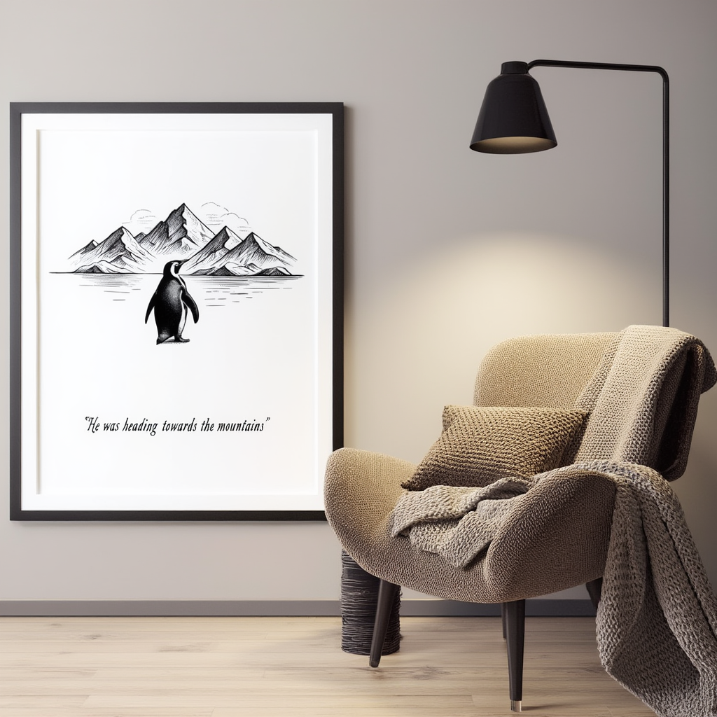 He Was Heading Towards the Mountains – Penguin Art Print