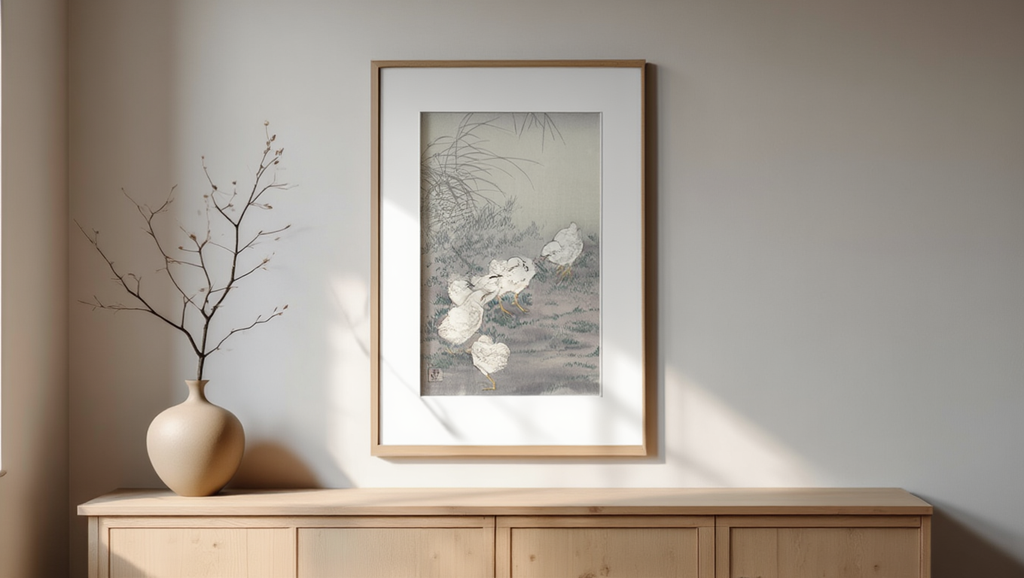 Ohara Koson – Five Chicks | Japanese Nature Art Print | Minimalist Animal Wall Art