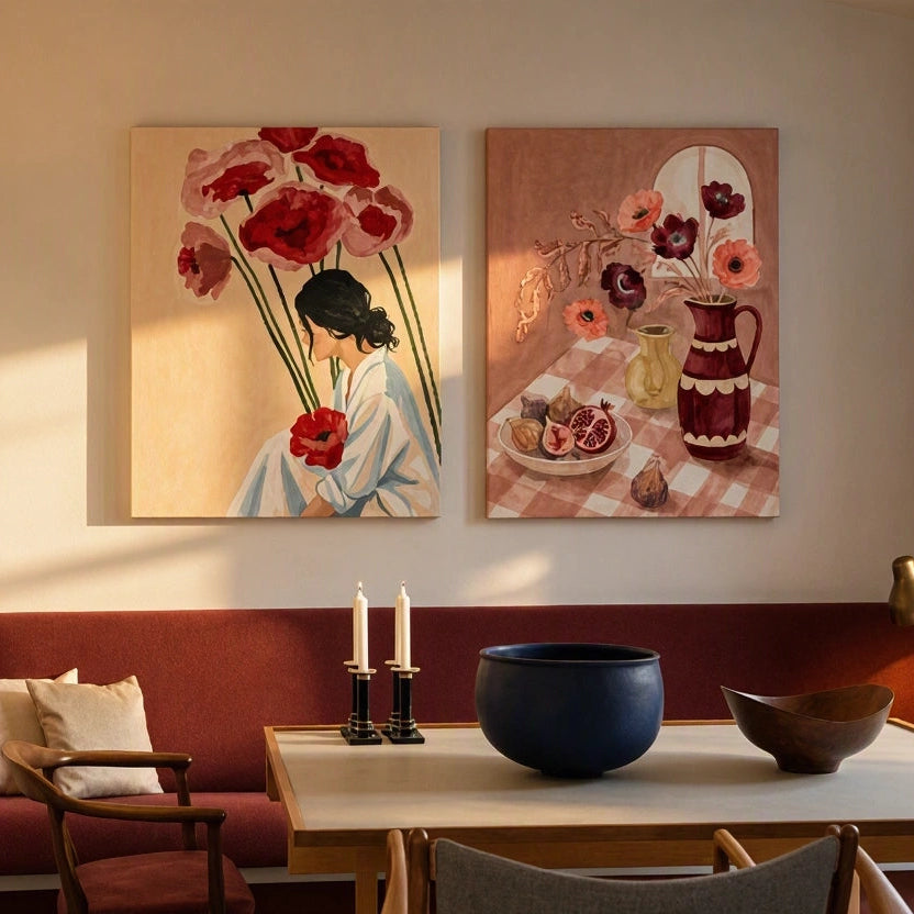 Set of 2 Canvas Prints – Seated Figure with Floral Roses & Breakfast Table | Contemporary Figurative and Still Life Wall Art