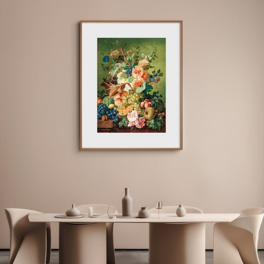 Flowers, Fruit And A Corn On The Cob On A Table Ledge