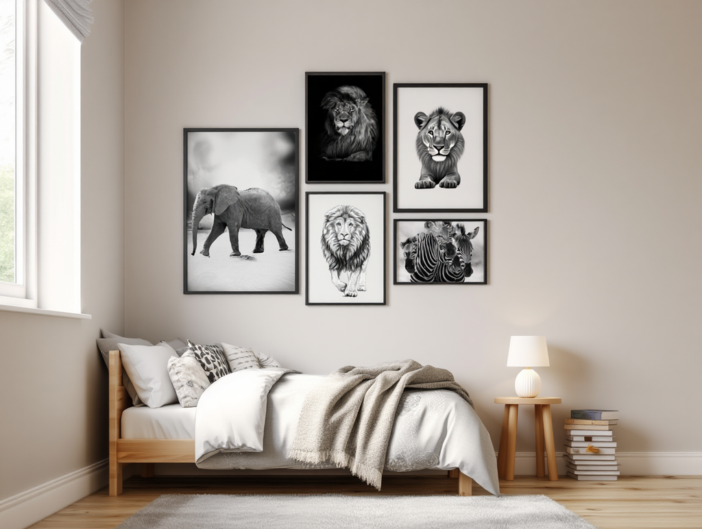 Monochrome Wildlife: 5 Black & White Animal Prints Set