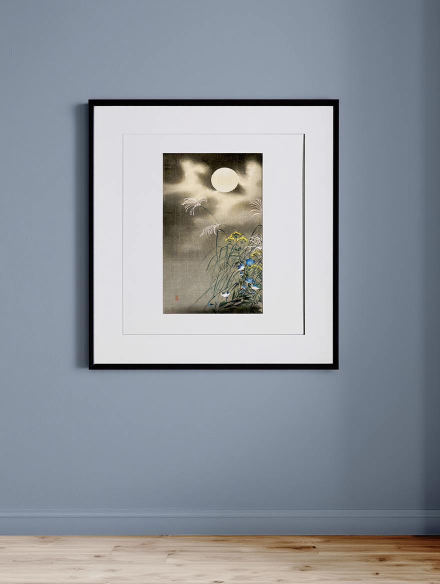 Affiche de Ohara Koson - Lune et fleurs bleues