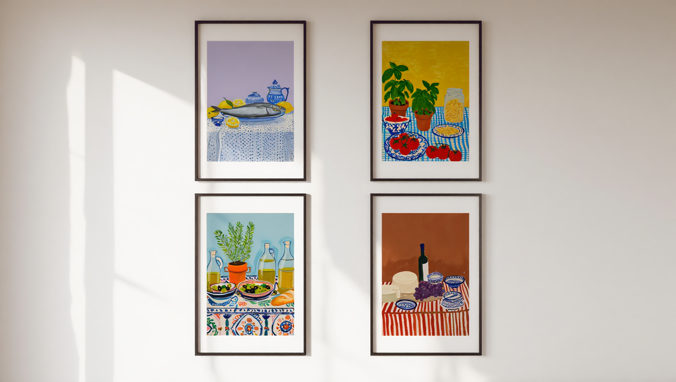 4 Mediterranean Diet Prints – Colorful Kitchen & Dining Wall Art