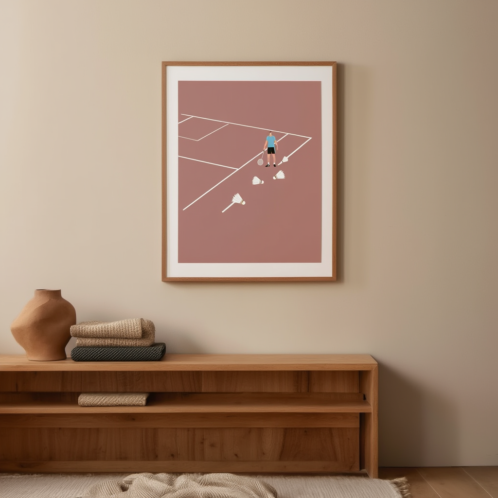 Badminton Court Art Print – Minimalist Sports Wall Art for Modern Interiors
