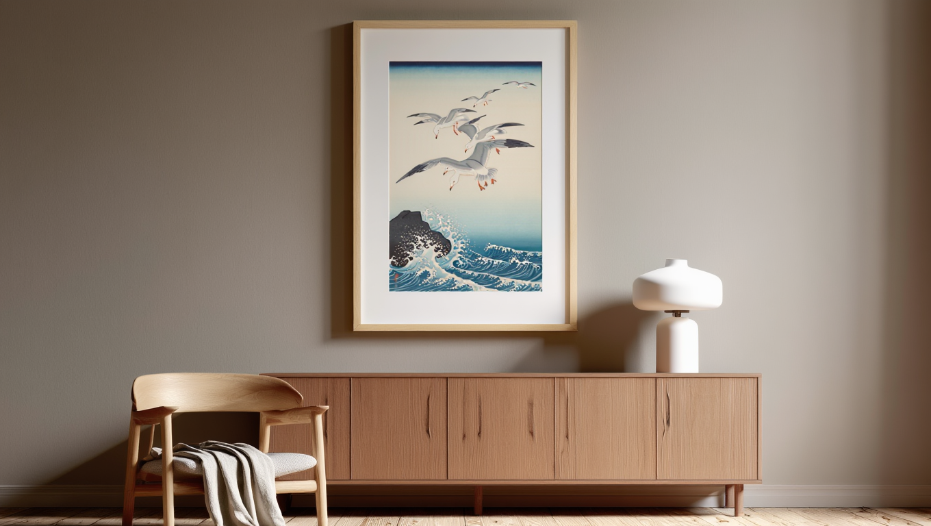Ohara Koson – Five Seagulls Above Turbulent Sea | Japanese Bird & Nature Art Print | Ukiyo-e Coastal Wall Art