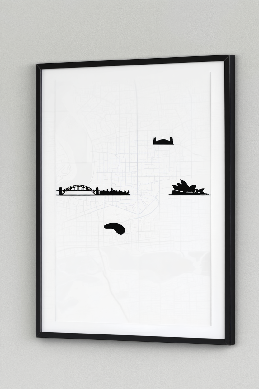 Sydney City Map Poster – Black and White Minimalist Wall Art Print