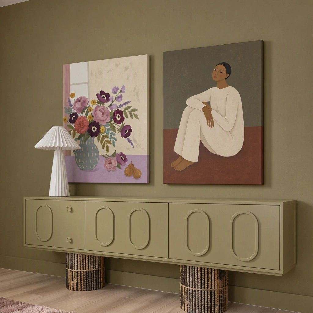 Set of 2 Canvas Prints – Floral Vase on Lavender & Contemplative Figure | Botanical and Figurative Wall Art