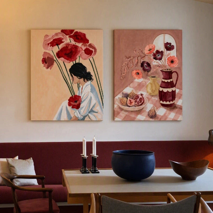 Set of 2 Canvas Prints – Seated Figure with Floral Roses & Breakfast Table | Contemporary Figurative and Still Life Wall Art