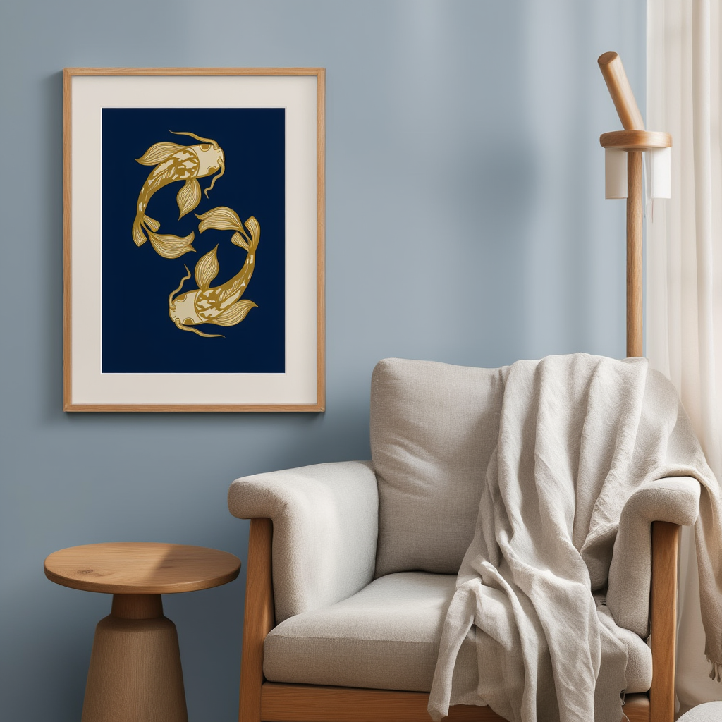 Blue Koi Fish – Minimalist Japanese-Inspired Art Print for Contemporary Interiors