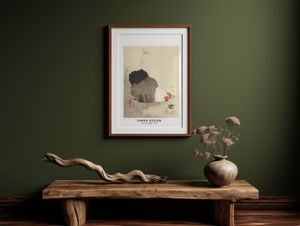 Ohara Koson - Hen and Two Chicks in Grass Poster