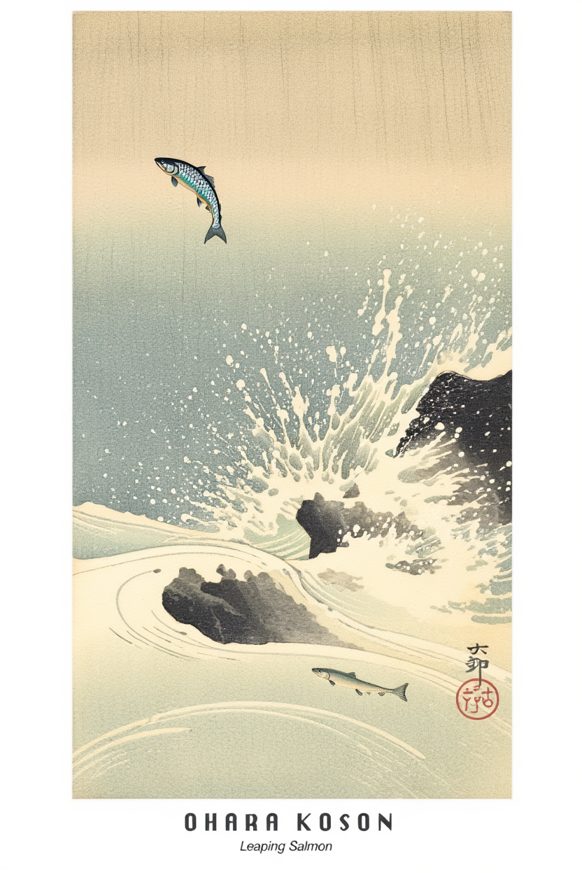 Ohara Koson - Leaping Salmon Poster