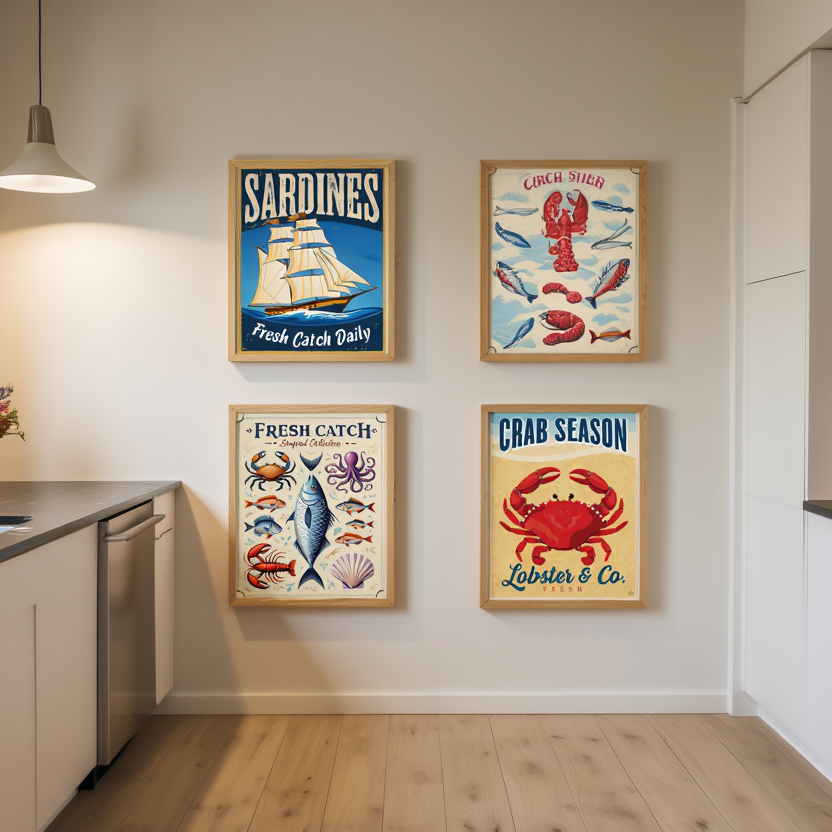 4 Retro Seafood Posters – Sardines, Crab, Lobster & Fish Wall Art Prints