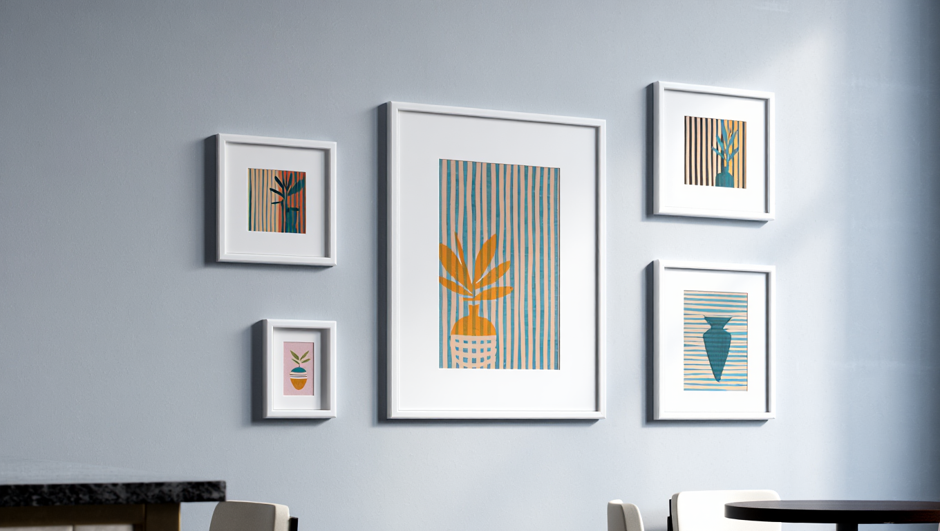 Striped Girl with Vase & Leaves – Set of 5 Modern Art Prints