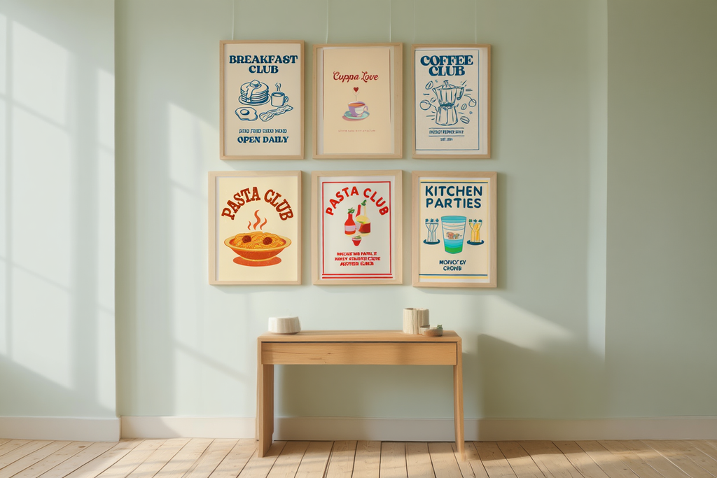 6 Retro Kitchen Posters – Pasta, Pizza & Coffee Love Canvas Wall Art for Living Room and Dining Decor
