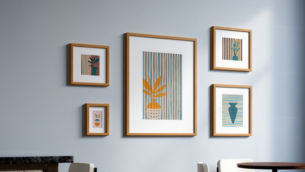 Striped Girl with Vase & Leaves – Set of 5 Modern Art Prints