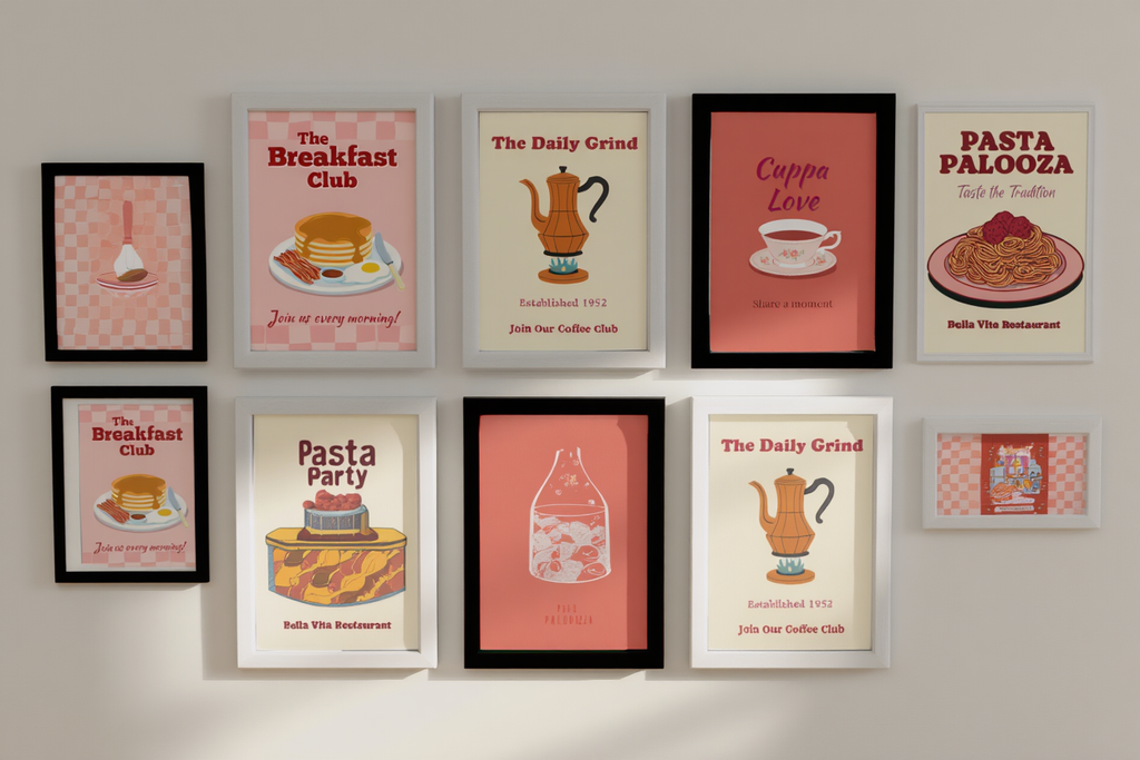 6 Retro Kitchen Posters – Pasta, Pizza & Coffee Love Canvas Prints in Red & Pink Tones for Living Room & Dining Decor