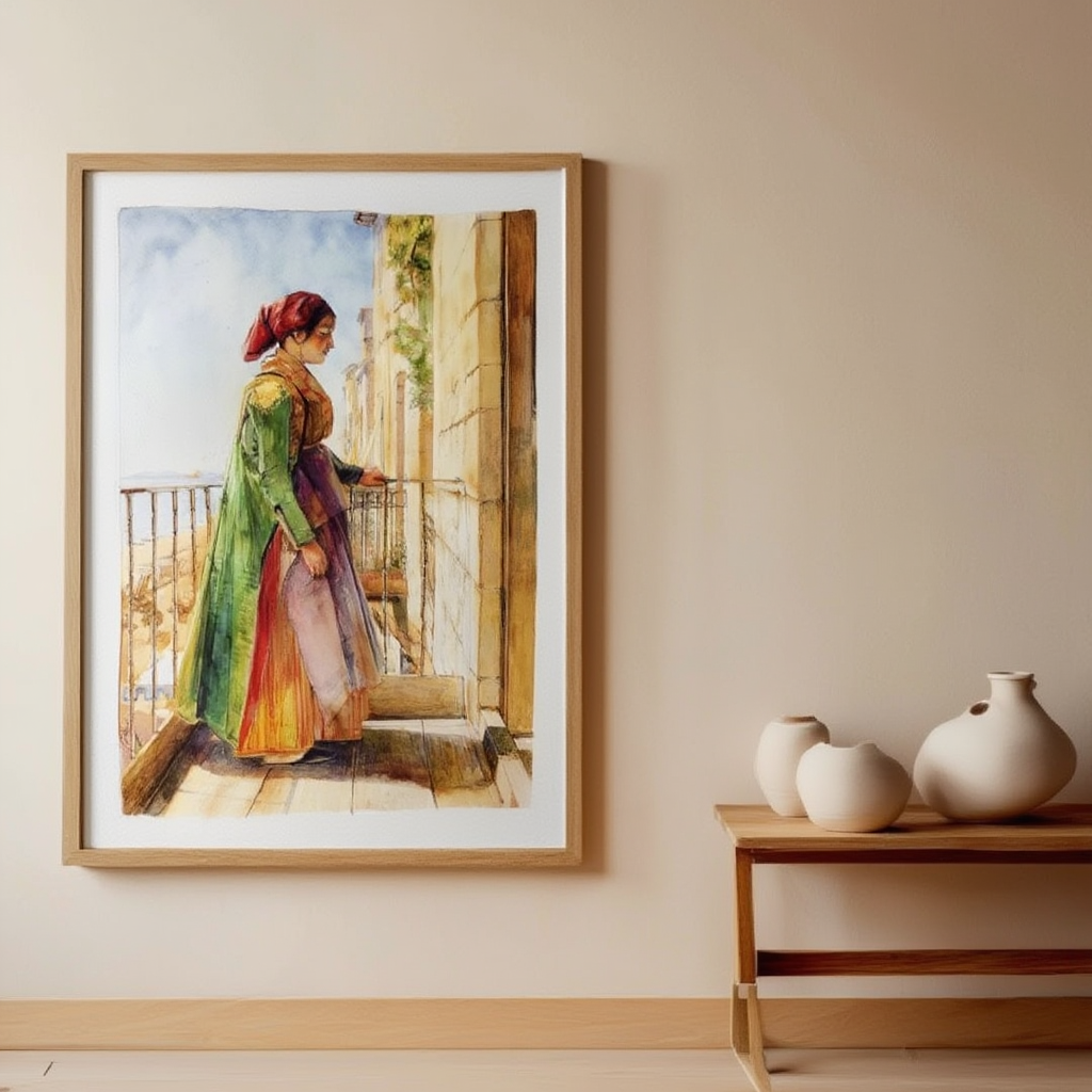 A Greek Girl Standing on a Balcony by John Frederick Lewis – 19th-Century Orientalist Figurative Art Print