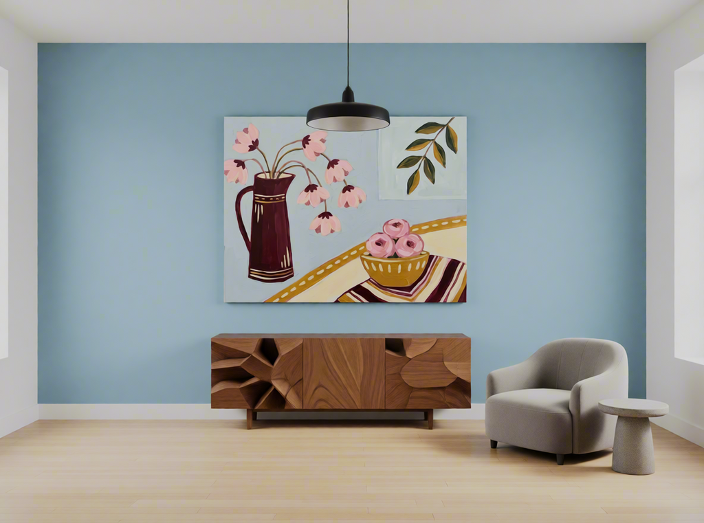 Canvas Print Pink Peaches on Blue | Colourful Fruit Still Life Wall Art