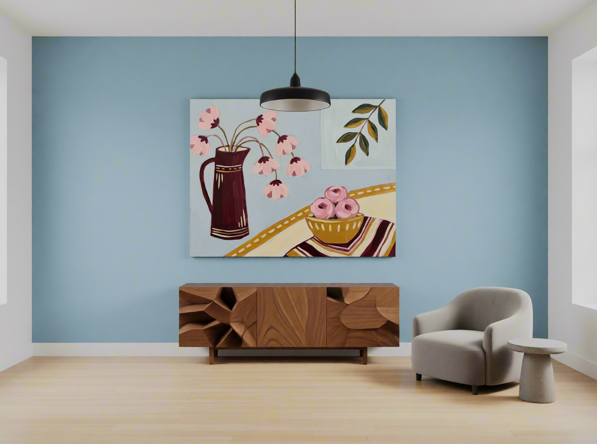 Canvas Print Pink Peaches on Blue | Colourful Fruit Still Life Wall Art