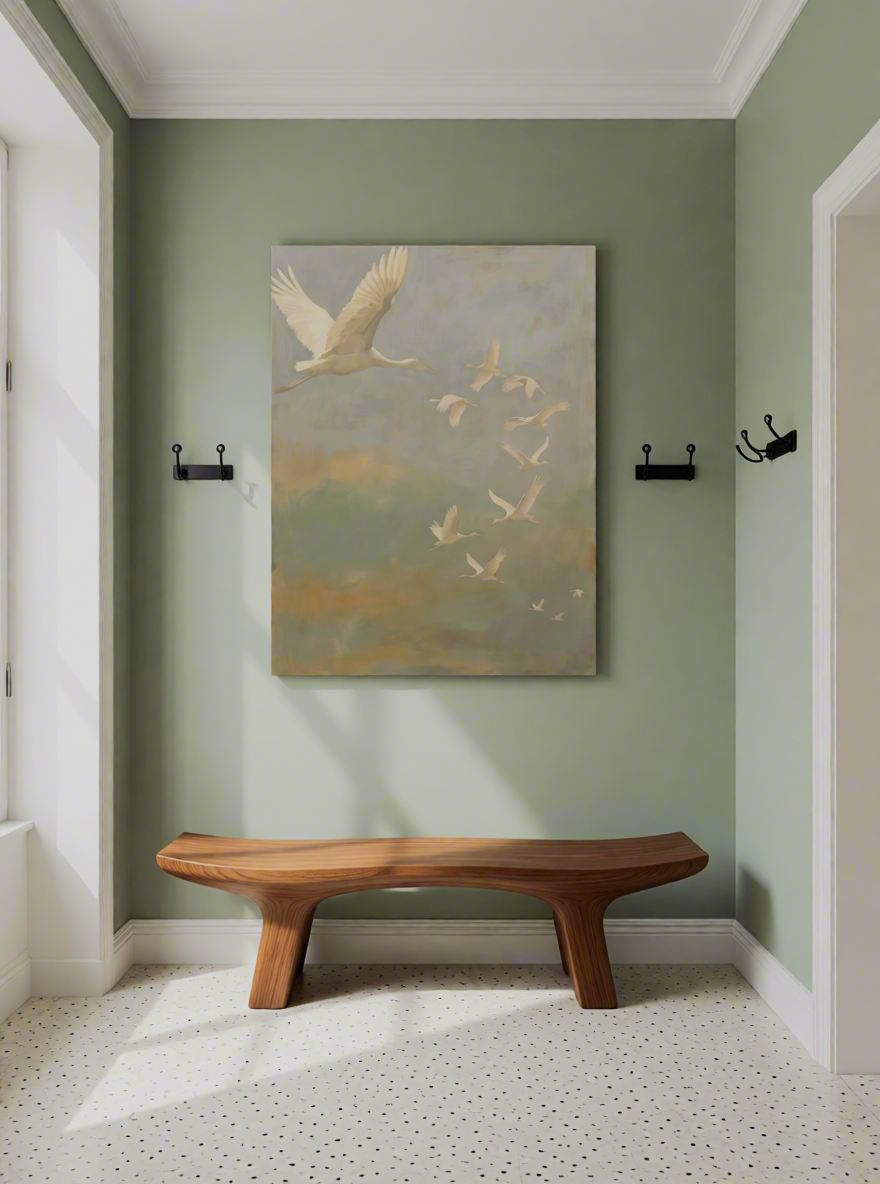 Canvas Print Flying Cranes in Mist | Japanese-Inspired Bird Wall Art