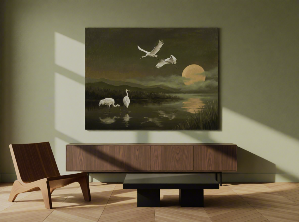 Canvas Print Moonlight Flying Cranes | Japanese-Inspired Wall Art
