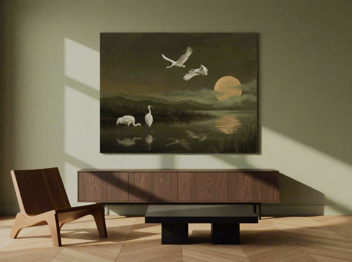 Canvas Print Moonlight Flying Cranes | Japanese-Inspired Wall Art