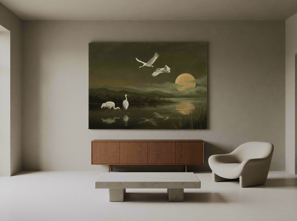 Canvas Print Moonlight Flying Cranes | Japanese-Inspired Wall Art