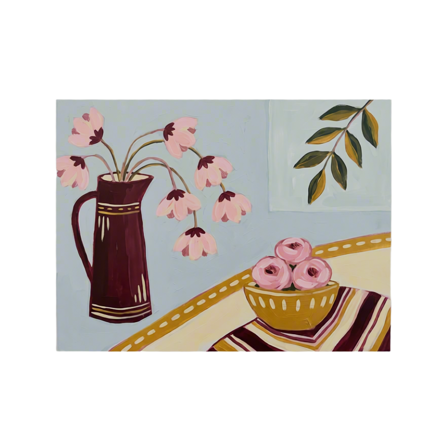 Canvas Print Pink Peaches on Blue | Colourful Fruit Still Life Wall Art
