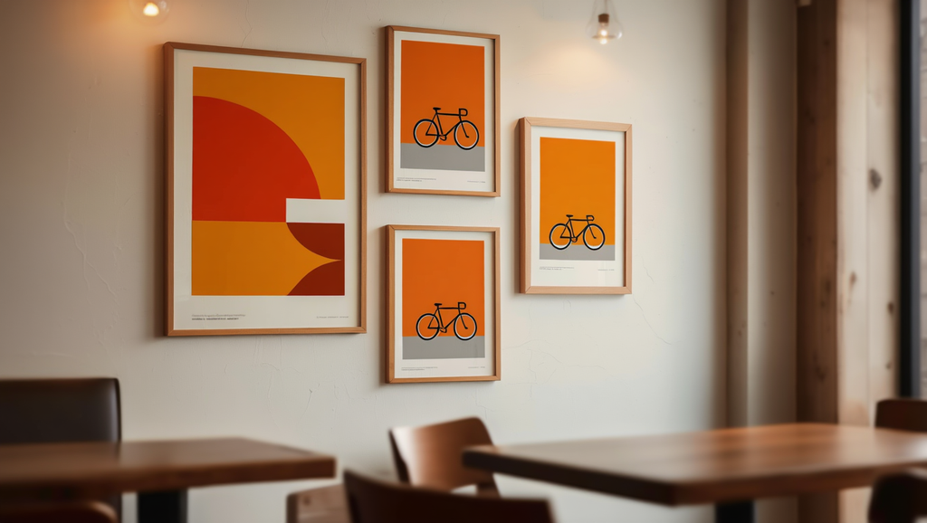 Abstract Orange Bauhaus Bicycle – Living Room Set of 4 Prints