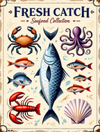 4 Retro Seafood Posters – Sardines, Crab, Lobster & Fish Wall Art Prints - Hakyarts