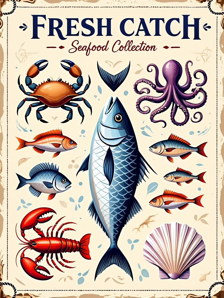 4 Retro Seafood Posters – Sardines, Crab, Lobster & Fish Wall Art Prints