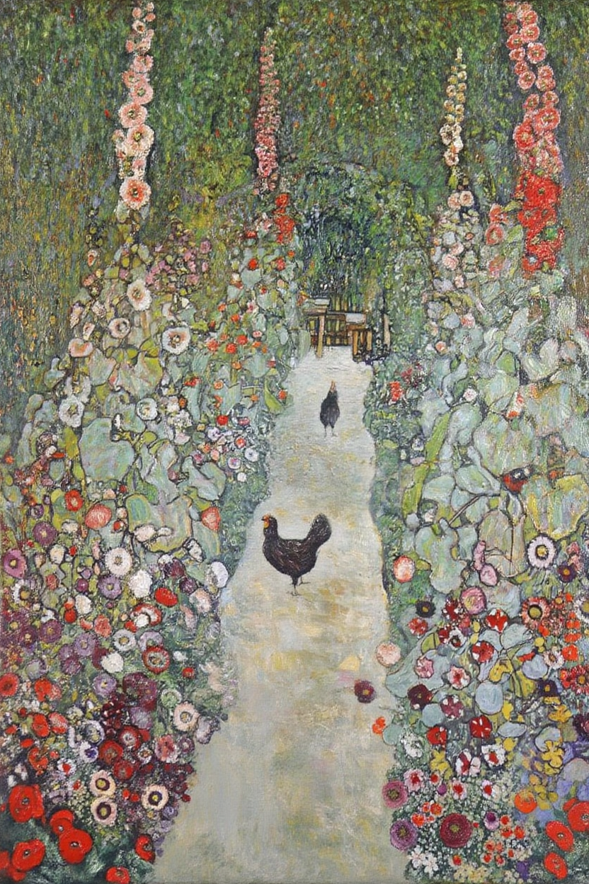 Garden with Roosters by Gustav Klimt – Art Nouveau Landscape Art Print