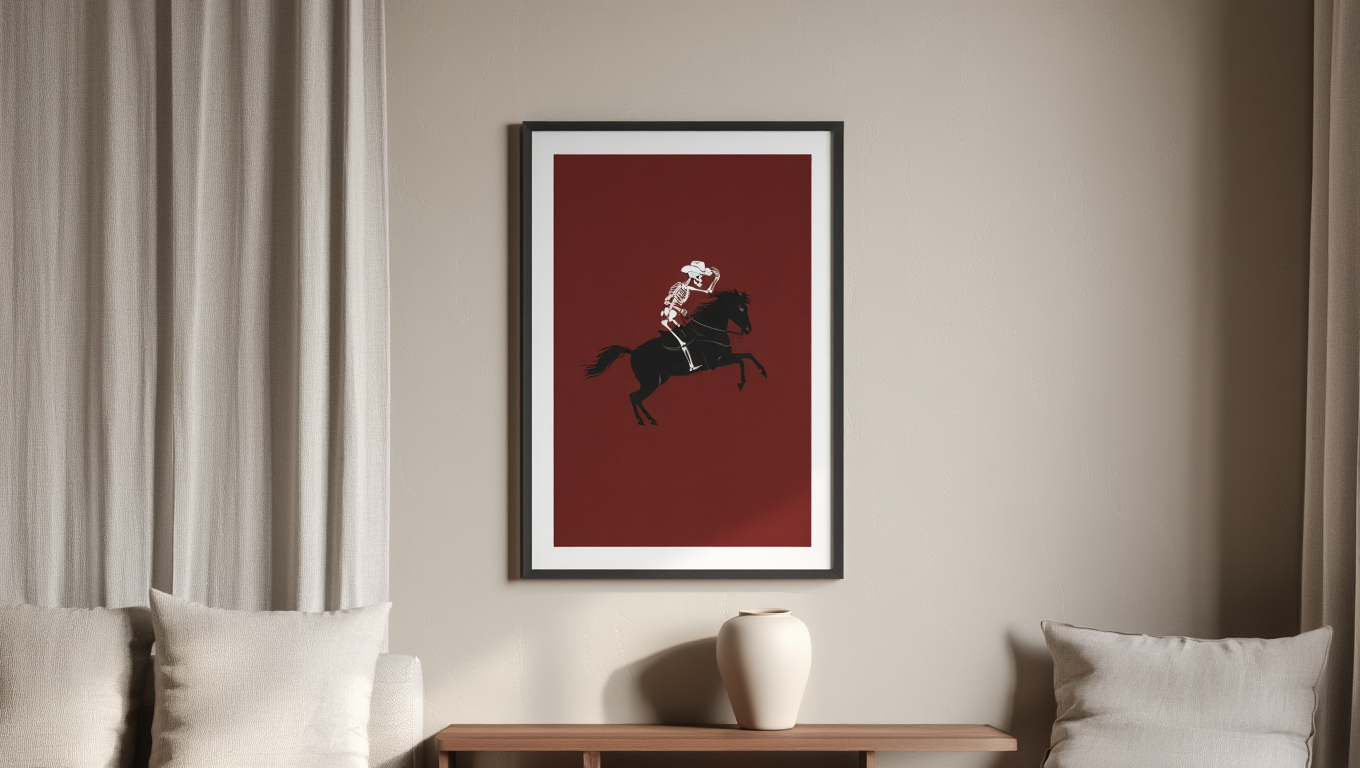 Skeleton Riding Dark Horse –  Art Print