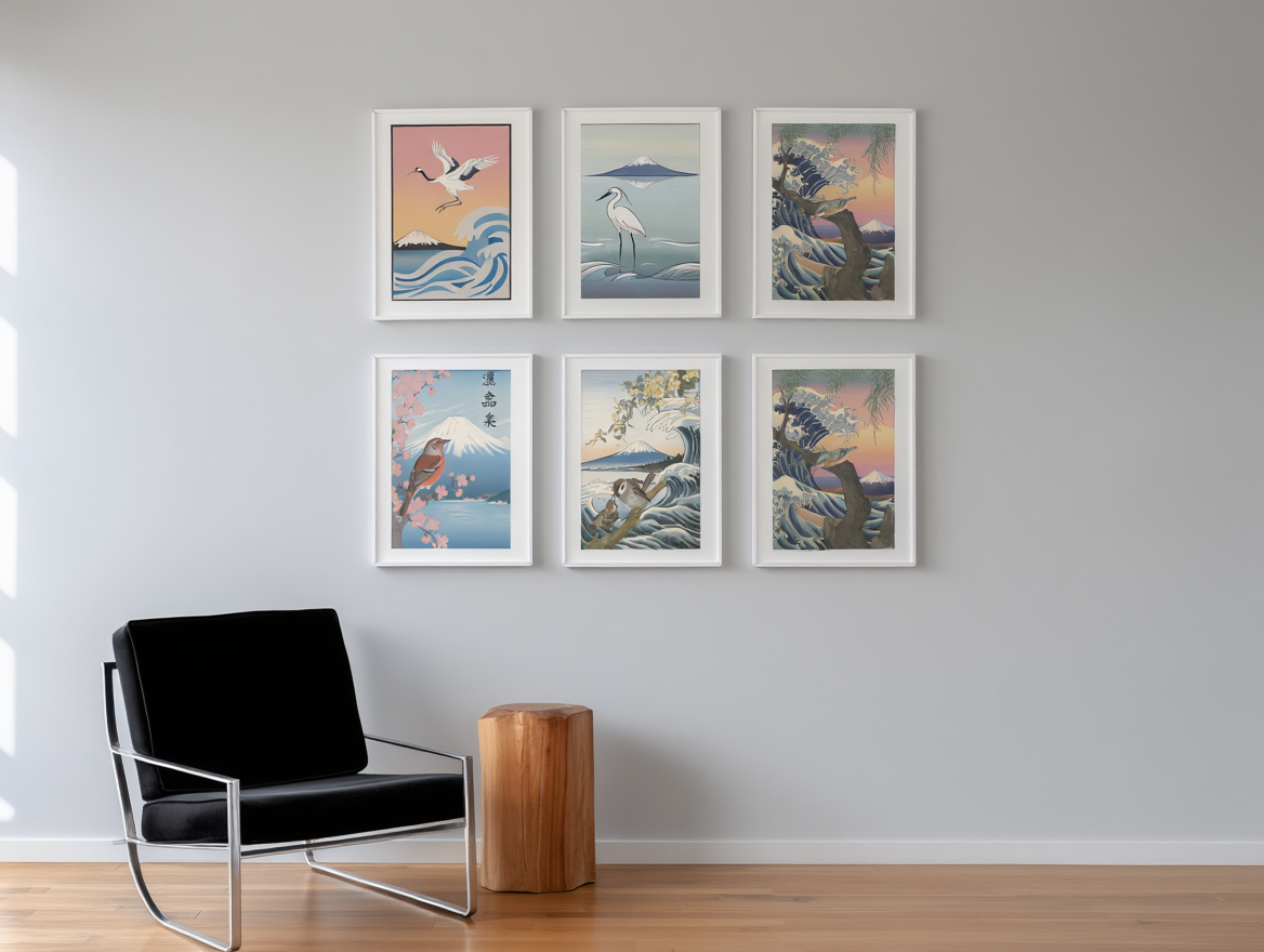 6 Japanese Art Posters – Ohara Koson & Hokusai Inspired, Mount Fuji Sunrise & Giant Wave Canvas Prints for Modern Wall Decor