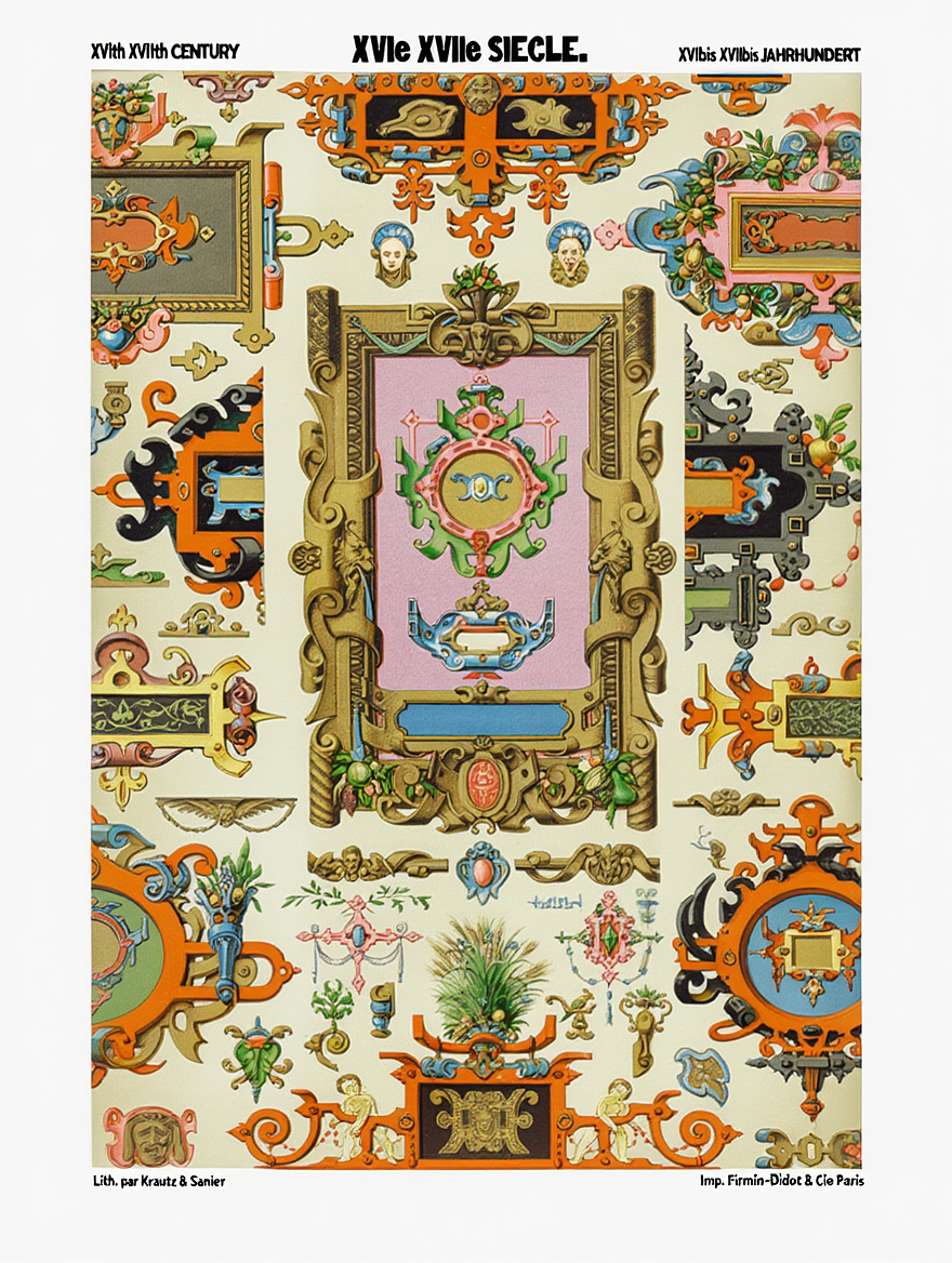 Illustration from L’Ornement Polychrome "XVI XVII" by Auguste Racinet – Vintage French Decorative Art Print