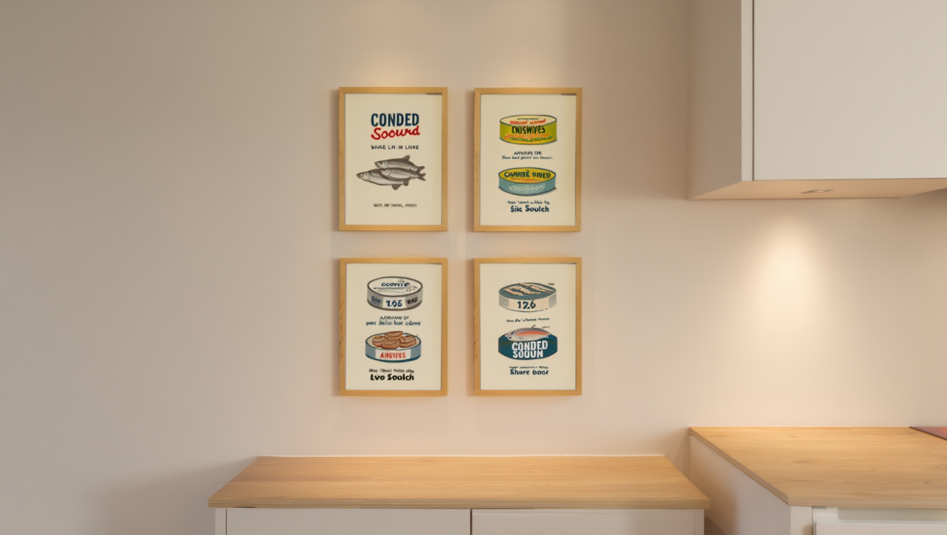 Seafood Tin Art 4 Prints – Whimsical Canned Fish Prints for Kitchen Decor