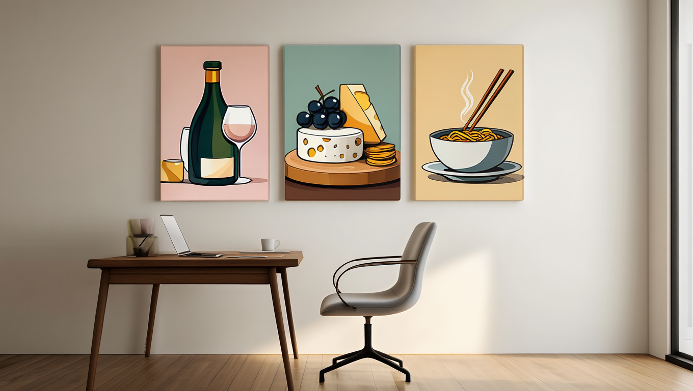 Wine & Cheese Noodles Art Living Room - Set of 3
