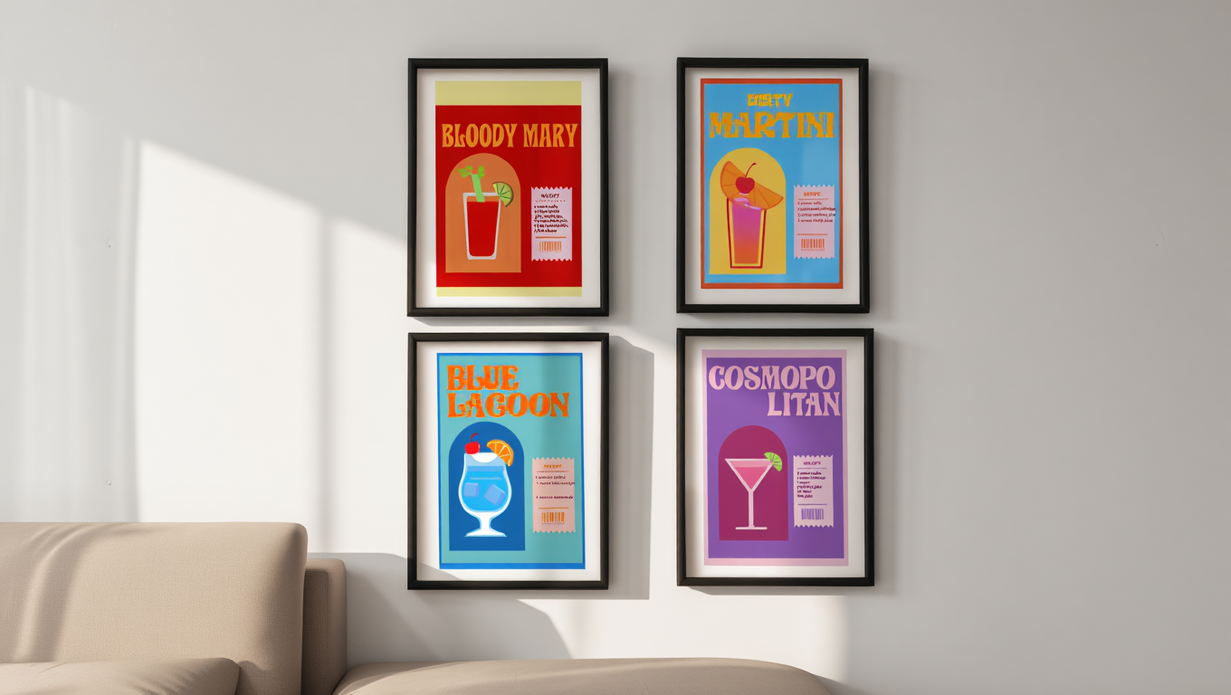 Vibrant Retro Cocktail Posters – 4-Piece Kitchen Wall Art