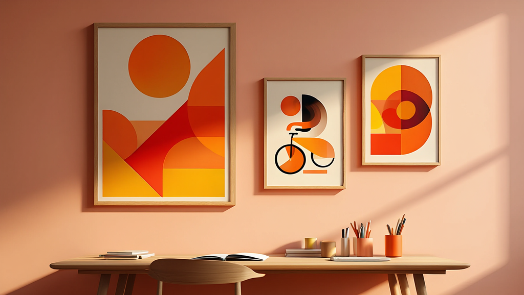 Abstract Orange Bauhaus Bicycle – Office Set of 3 Prints