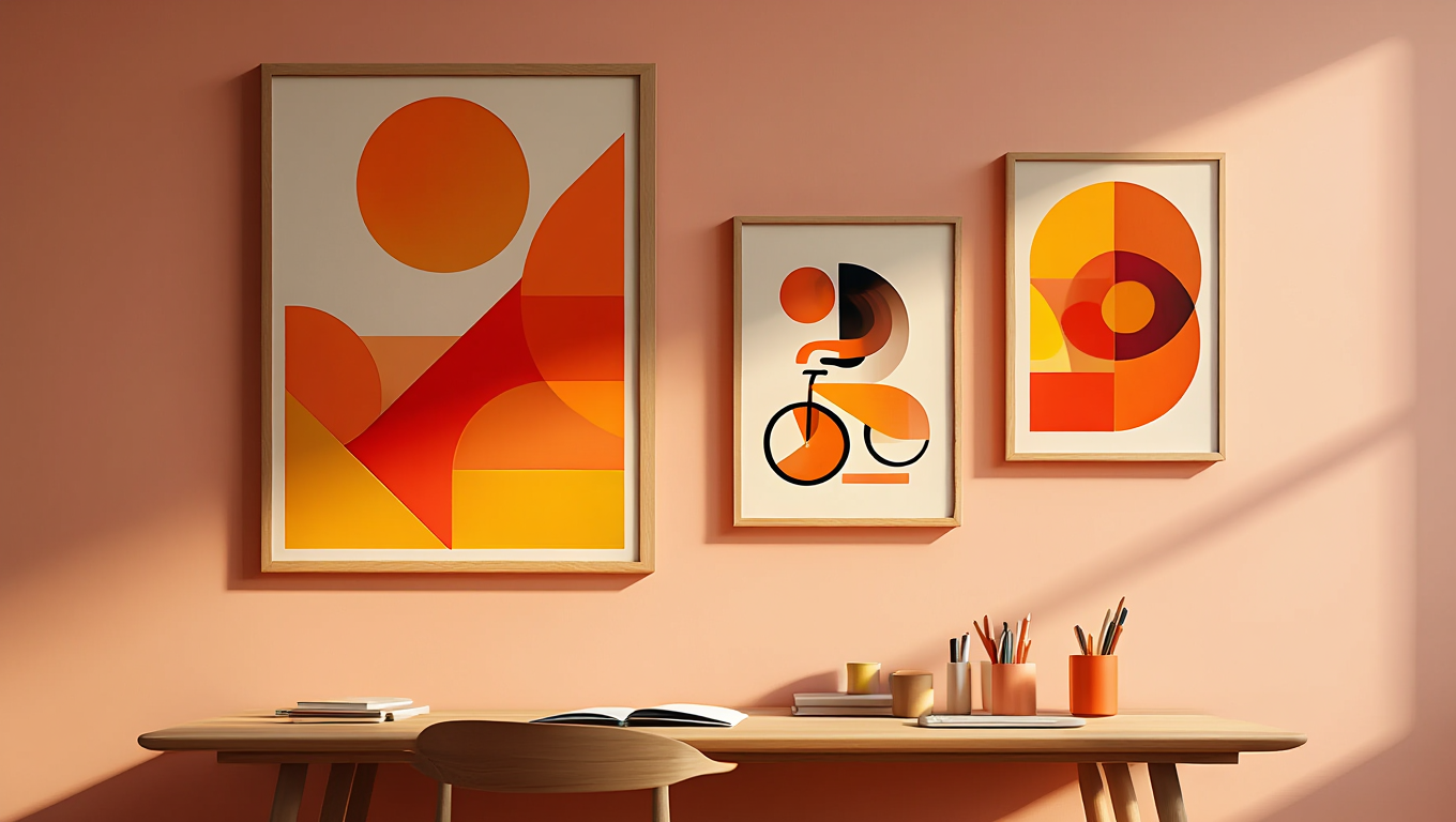 Abstract Orange Bauhaus Bicycle – Office Set of 3 Prints