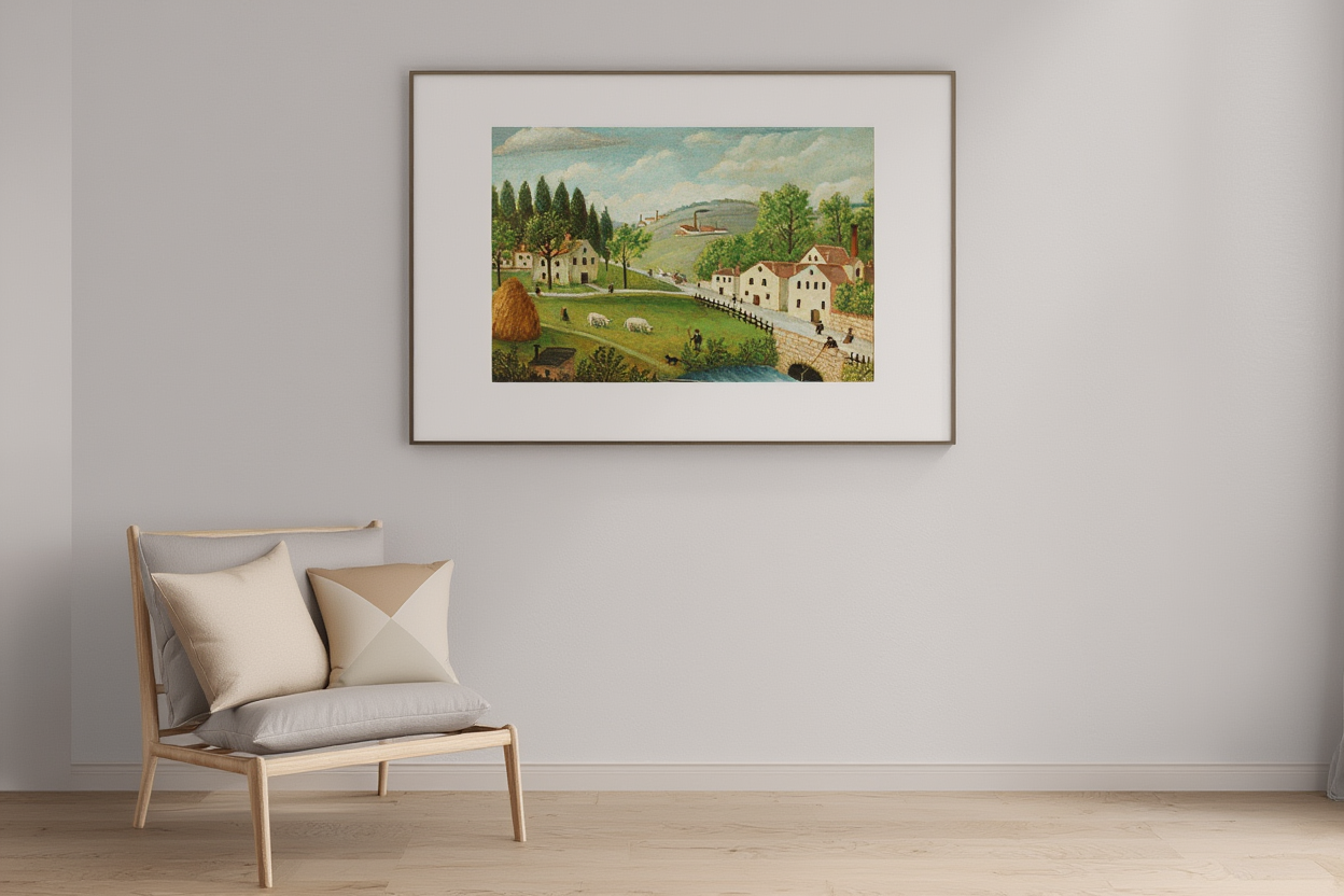 Henri Rousseau - Paysage pastoral avec ruisseau, pêcheur et promeneur | HakyArts